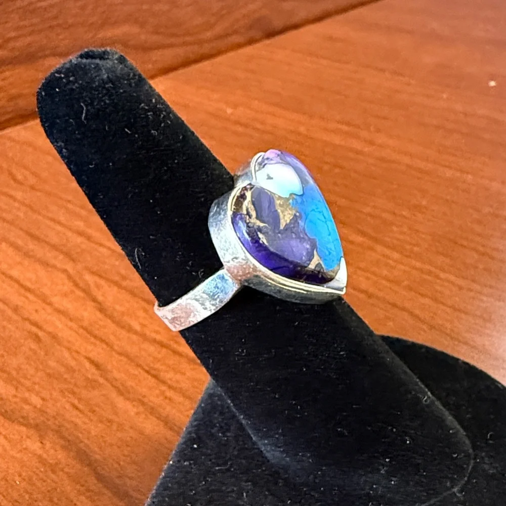 New 925 Sterling Silver Purple Dahlia Turquoise Heart-Shaped Ring Size 5.5